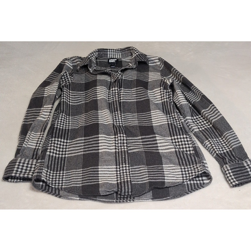 Lands' End Flannel Shirt Womens S Grey Black Plaid Excellent 519651 Cotton